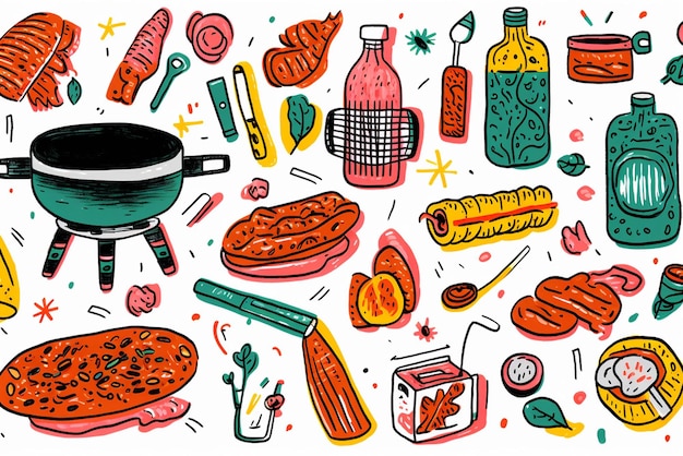 lijntekening van barbecue-gerelateerde items in kleurrijk