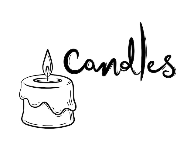 Lijntekening van een eenvoudige ronde brandende kaars. Belettering van de inscriptie Candles