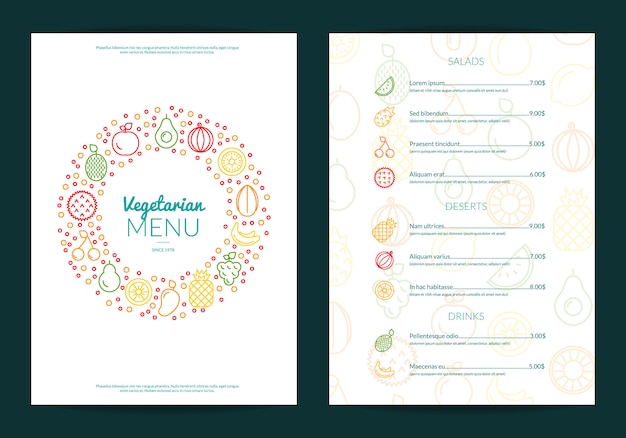 Vector lijnvruchten pictogrammen veganistisch café of restaurant menu sjabloon illustratie