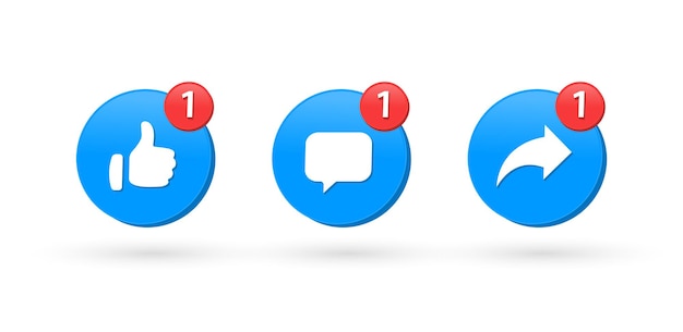 Mi piace commenta i pulsanti dell'icona di condivisione in stile moderno icone di notifica dei social media 3d
