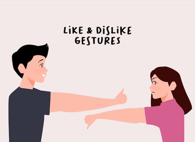 Like and dislike gestures. woman showing thumb down with man hand show thumb up cartoon illustration