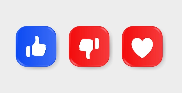 Like dislike love icon buttons in 3d square for for social media notification icons thumbs up down