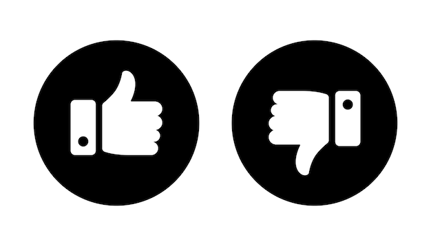 Vector like and dislike thumb icon symbol set in circle in black and white color for social media