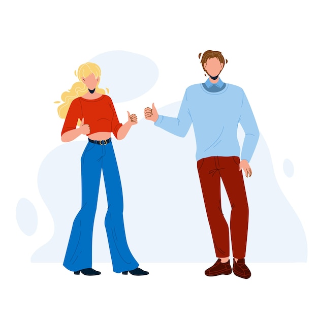 Vector like gesture showing boy and girl couple vector. friendly young man and woman gesturing like together. characters friends approving or positive feedback emotion flat cartoon illustration