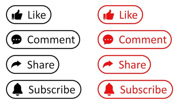 Like Share subscribe and comment icons buttons set with black and red color Social media icons