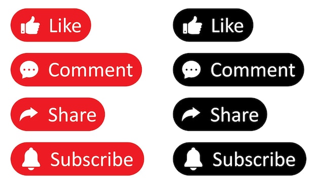 Like Share subscribe and comment icons buttons set with black and red color Social media icons