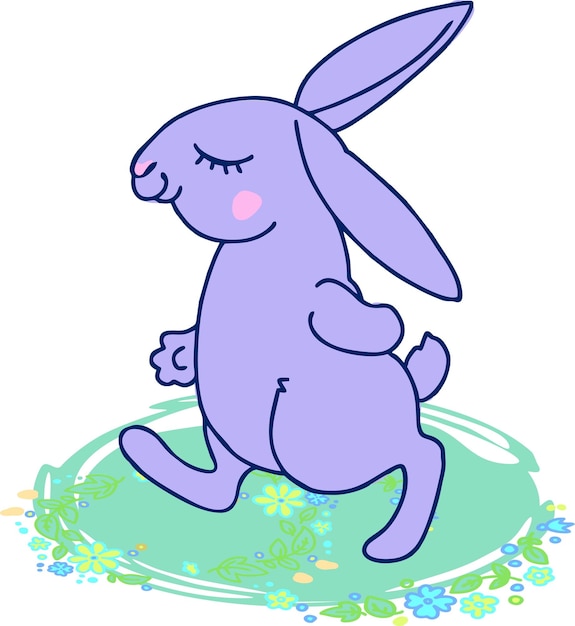 Lilac cartoon rabbit walks through a meadow of flowers