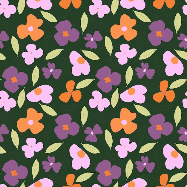 Lilac and pink floral pattern with dark green background and leaves