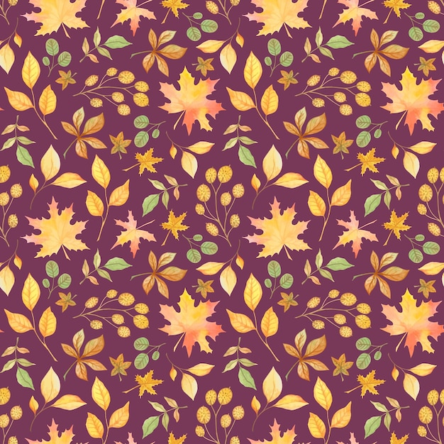 Vector lilac vector seamless pattern with watercolor yellowing autumn leaves