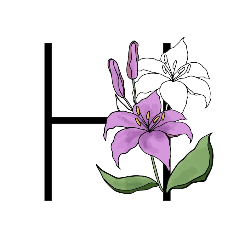 Vector lilly blossom purple flower alphabet for design of card or invitation vector floral letter illustrations isolated on white background for wedding