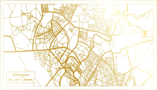 黄金色のアウトライン マップでレトロなスタイルのリロングウェ マラウイ市内地図