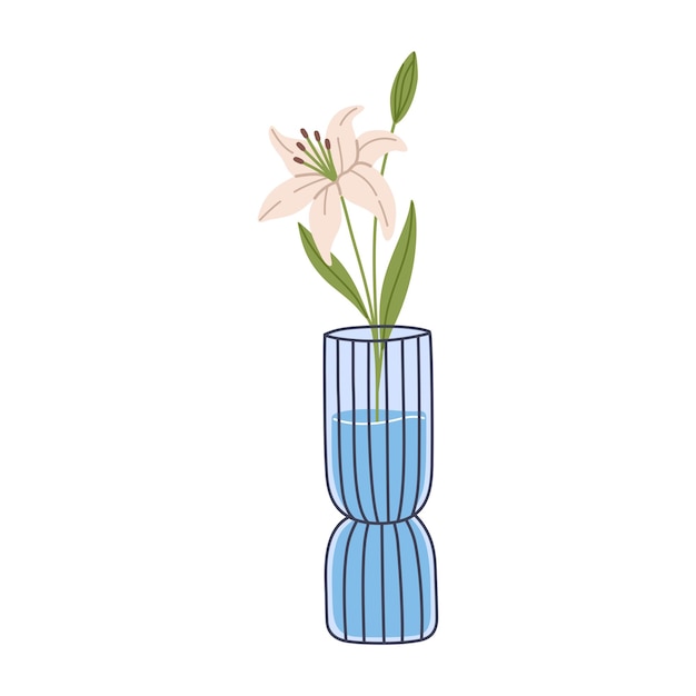 Vector lily in ceramic vase. beautiful blooming spring plant for decoration. hand drawn vector illustration