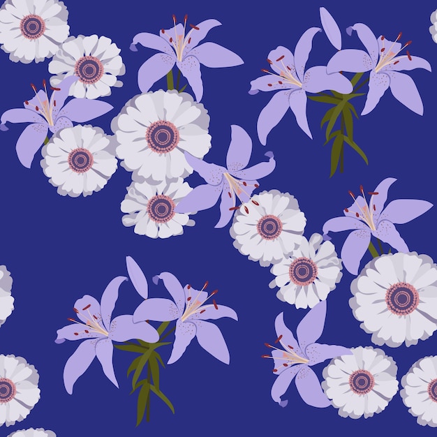 Lily and daisy Seamless vector illustration style flat on a blue background For decorating textiles packaging wallpaper