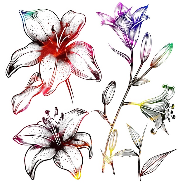 Lily flat vector linear temp set illustration high quality