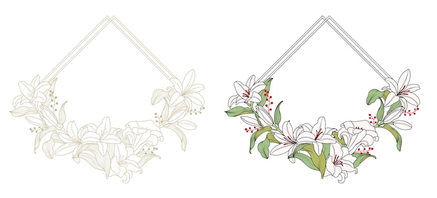 Vector lily flower frame with diamond border