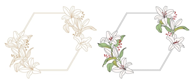 Vector lily flower frame with hexagon border