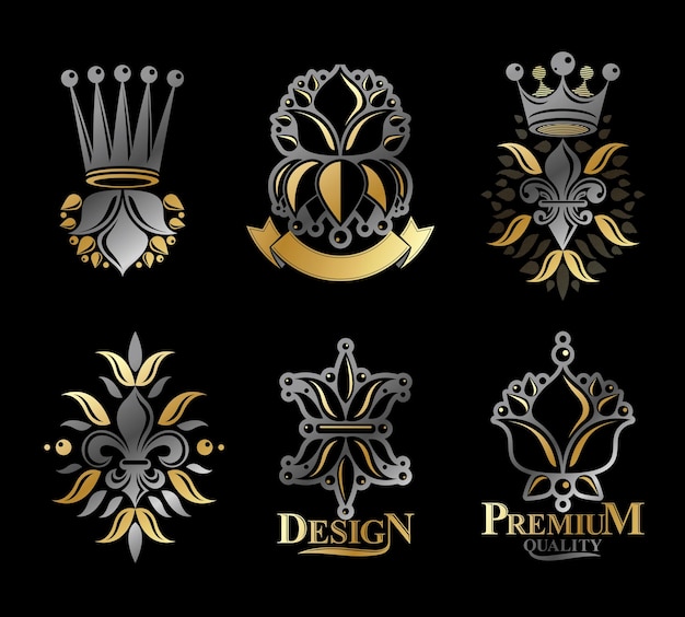 Lily Flowers Royal symbols, floral and crowns,  emblems set. Heraldic Coat of Arms decorative logos isolated vector illustrations collection.