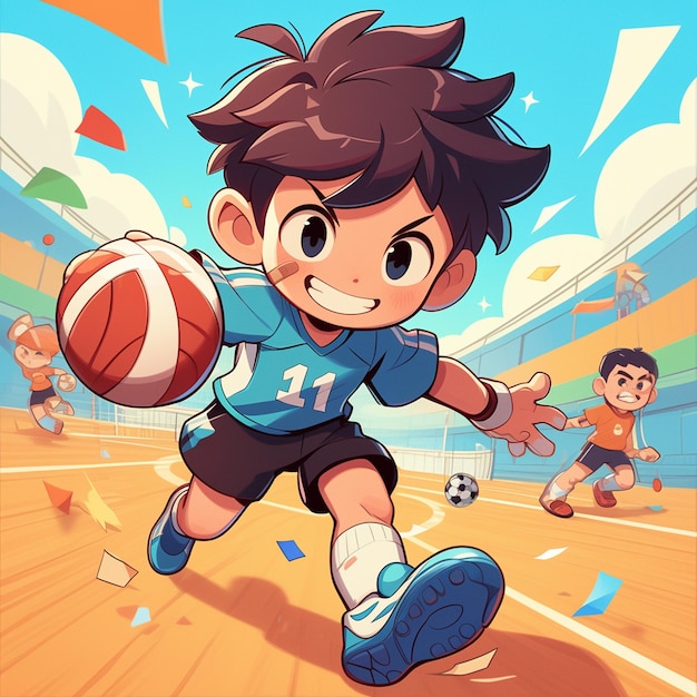 A Lima boy plays handball in cartoon style