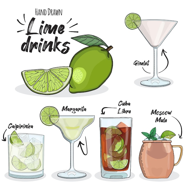 Vettore set bevande lime cuba libre caipirinha margarita gimlet moscow mule