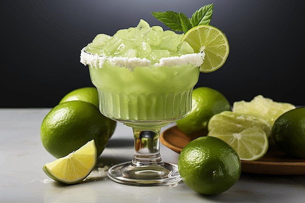 Vector lime lemon juice with close up view classic margarita cocktail with salty rim limes and drink