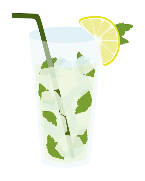 Lime Lemonade Flat style Vector illustration Cartoon Summer Beverage with straw ice cubes mint