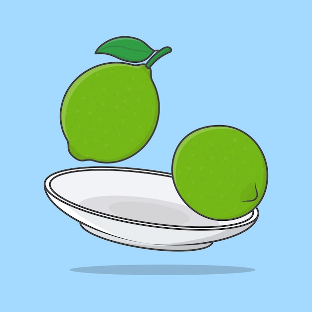 Lime On A Plate Cartoon Vector Illustration Lime Fruit Flat Icon Outline