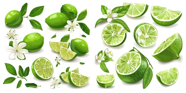 Limes slices green citrus fruit with leaves