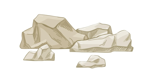 ベクトル 石灰岩、山の化石。堆積岩の形成、その破片。荒い石片。カムストーン、地質鉱石。白い背景に分離されたリアルな手描きのベクトル図