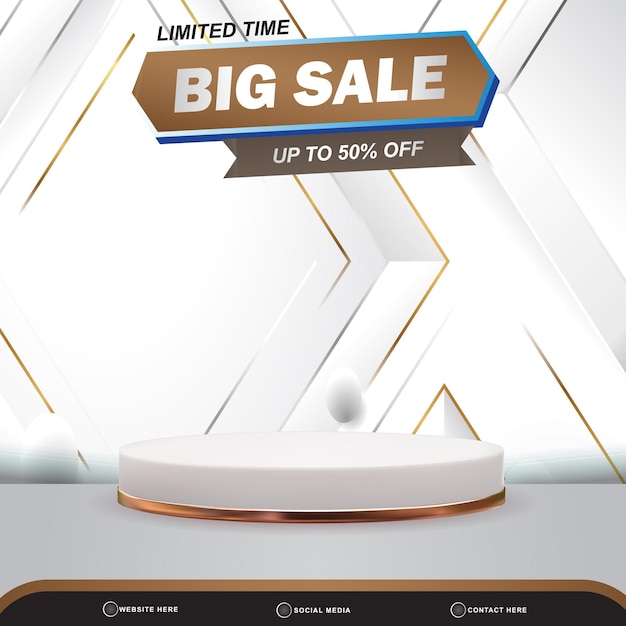 Limited big sale discount banner social media template post with blank space 3d podium for product with abstract white and brown gradient background design