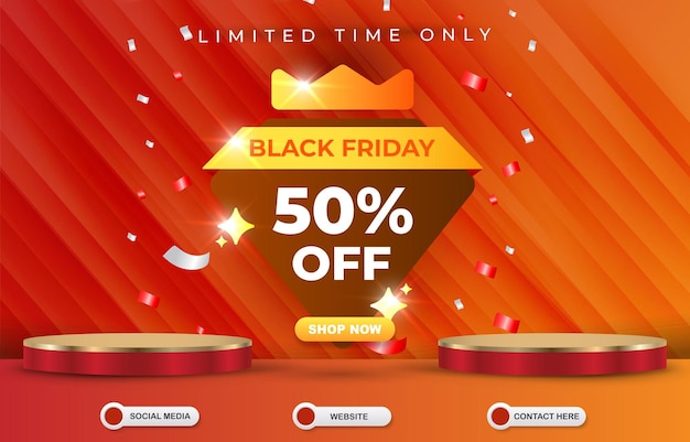 Limited discount black friday sale template banner with blank space 3d podium for product sale with abstract red and orange gradient background design