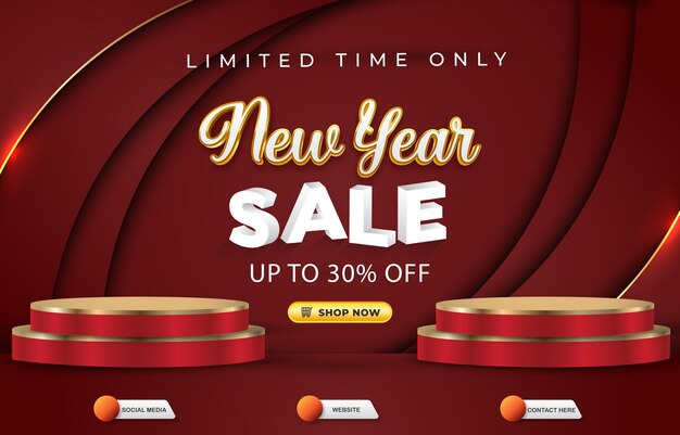 Limited new year sale banner with blank space 3d podium for product with gradient red background