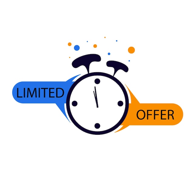 Limited offer icon with time countdown super promo label with alarm clock last offer banner for sale promotion blue and orange flat sticker hurry deal auction tag last minute chance stamp vector