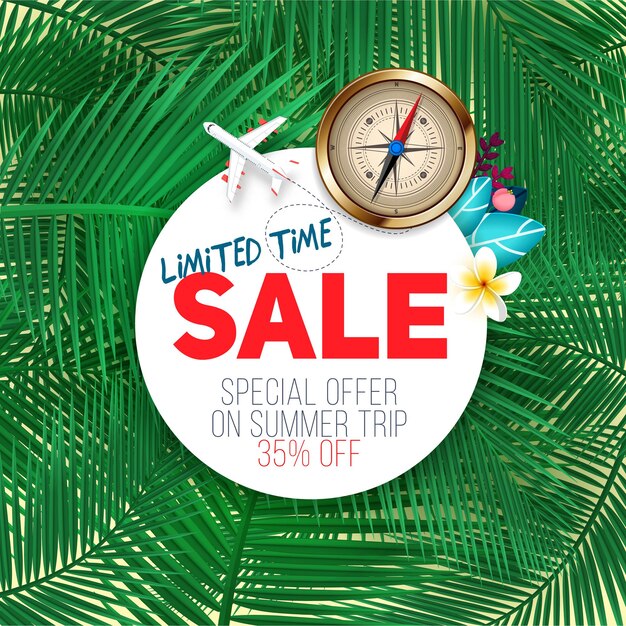 limited time sale. summer banner on exotic palm leaf background. discount and sale template, best offer on summer travel.