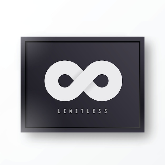 Limitless abstract symbol icon or logo in stylish black realistic frame with shadows and background