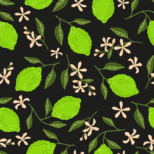 Limoenen, bloemen en bladeren op een zwarte achtergrond. Vector naadloos patroon
