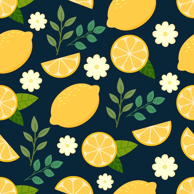 Лимонная печать на темном фоне с листьями и цветами