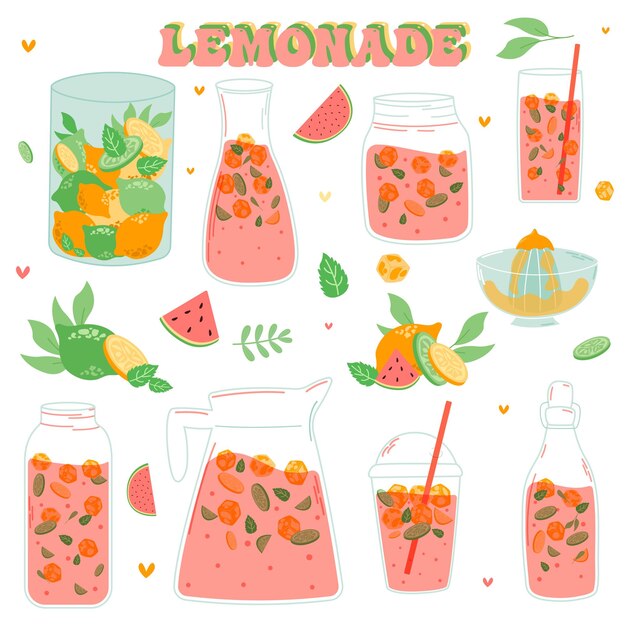 Vector limonade en watermeloen drinken in een kruik en een glas met schijfjes citroen en ijsvectorillustrator