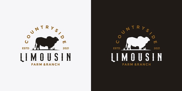 あなたのビジネス農場と牧場のためのリムーザン牛のロゴデザインのレトロなスタイル