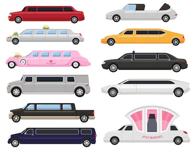 Limousine limo luxury car and retro auto transport and vehicle automobile illustration set of automotive citycar transportation isolated on white background illustration