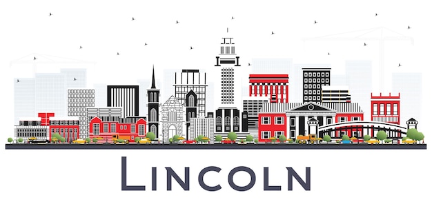 Lincoln Nebraska City Skyline met kleur gebouwen geïsoleerd op wit. Lincoln USA stadsgezicht met monumenten.