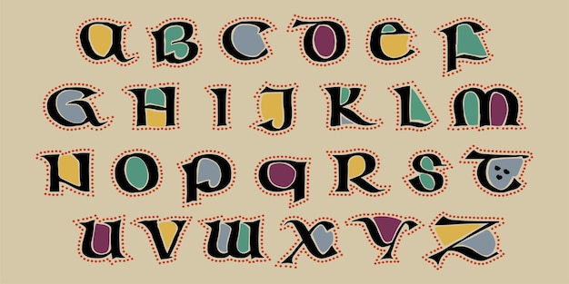 Vector lindisfarne-alfabet in majuscule keltische angelsaksische ierse stijl met rood puntpatroon dim gekleurd