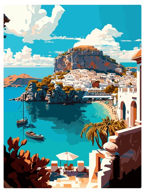 Lindos greece decoration vintage travel poster souvenir postcard portrait painting wpa illustration