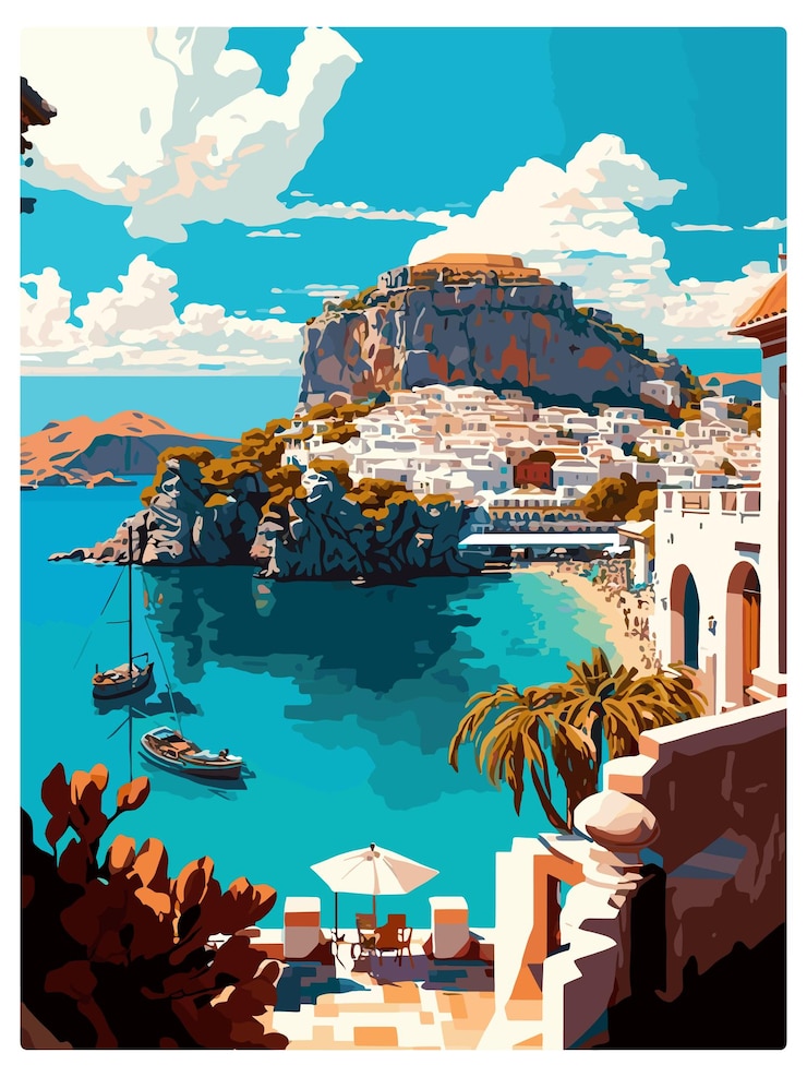 Vector lindos greece decoration vintage travel poster souvenir postcard portrait painting wpa illustration