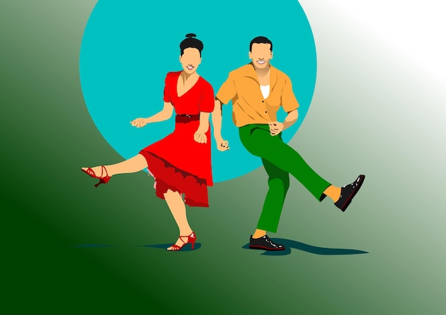 Vector lindy hop or rocknroll dance dance for rocknroll music 3d vector hand drawn illustration