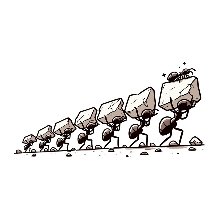 Vector line of ants marching in single file each carrying a small piece of a broken stone