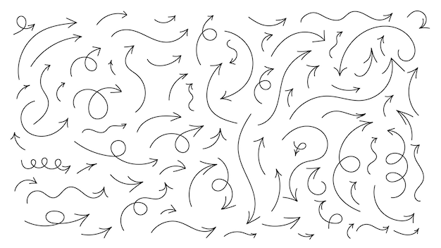 Line arrows set Hand drawn doodle thin graphic Curvy and wavy arrows vector illustration isolated