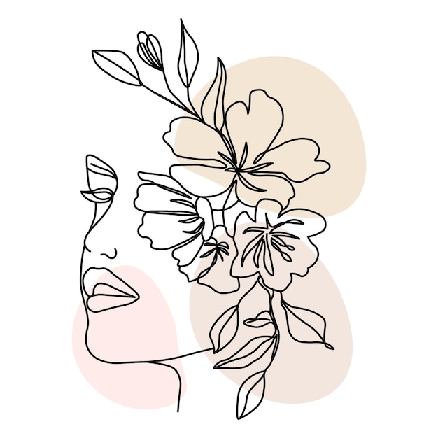 Line art abstract illustration girls face with flowers Black line with colored spots