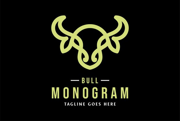 Line Art of Angus Cattle Bull Buffalo Longhorn Monogram Logo Design Vector