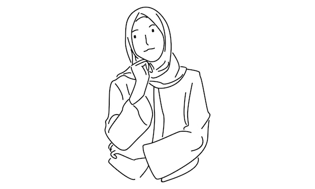 line art of arabic pensive female in hijab scarf vector illustration