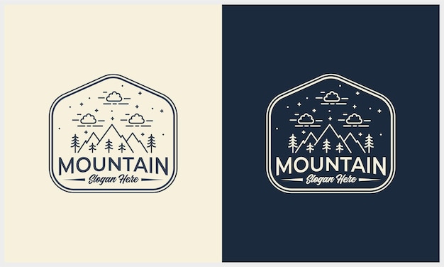 Vettore modello di concetto del logo dell'illustrazione della montagna e del paesaggio del distintivo di line art